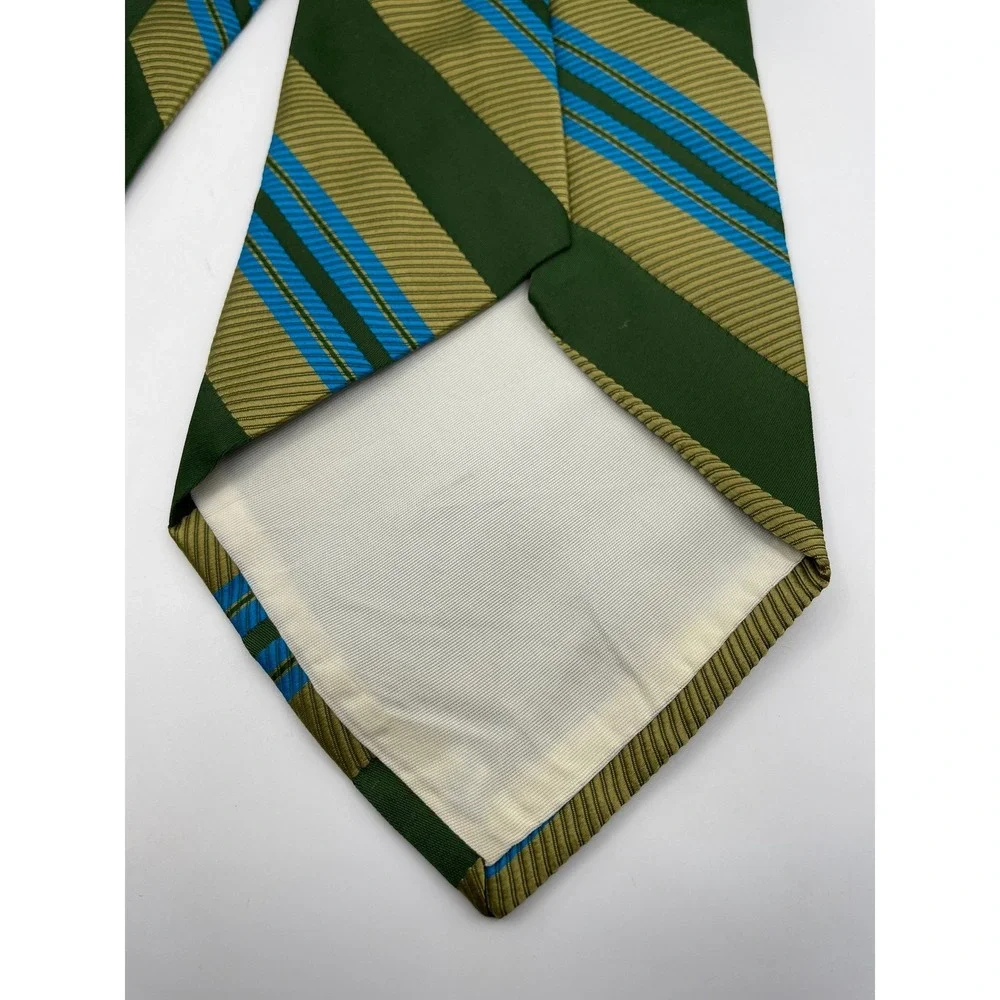Bergere Mens Necktie Green Gold Blue Diagonal Striped Ribbed Polyester Tie